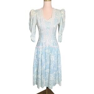 Jessica McClintock Gunne Sax Vintage Blue Floral Lace Midi Dress Size 7 66368/04